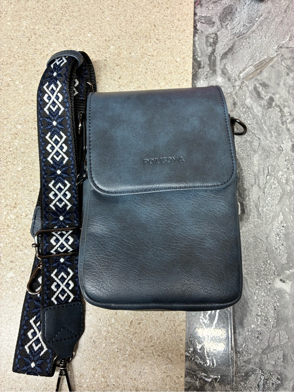 Navy Blue Women's Crossbody Bag with Patterned Strap